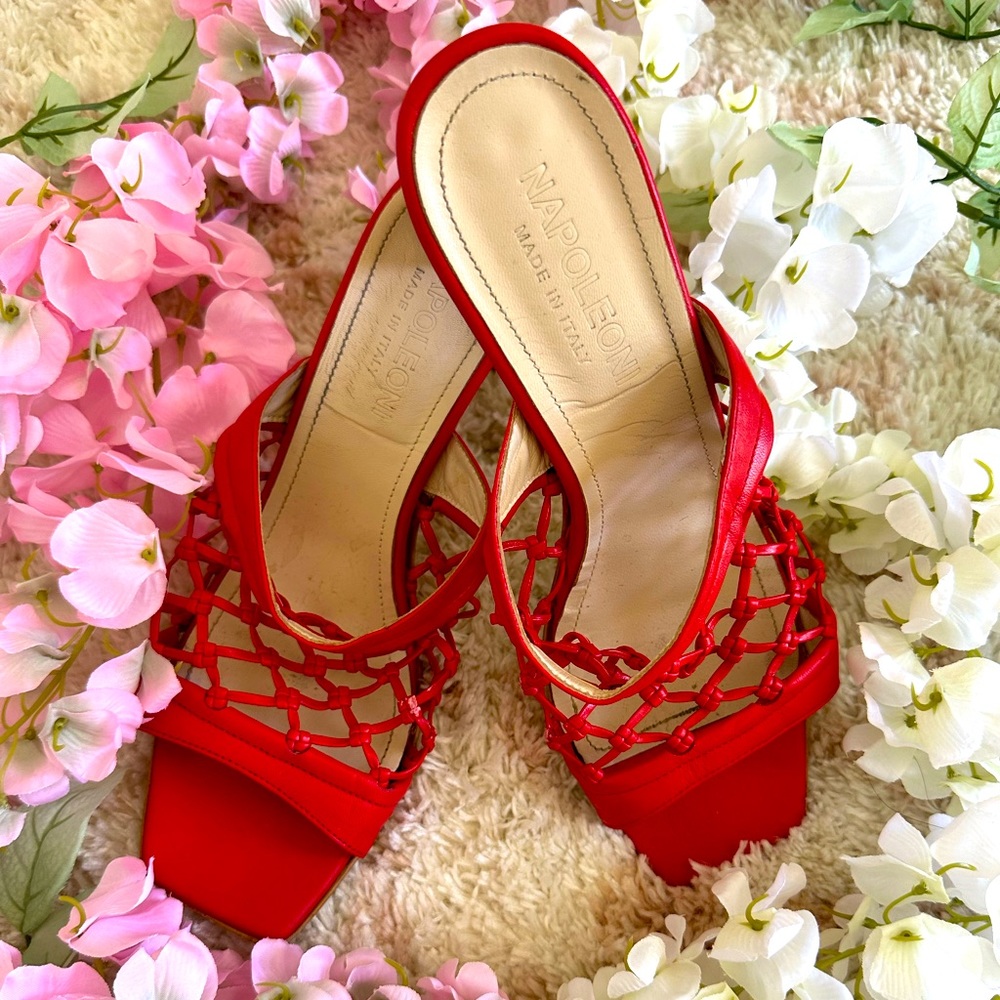 Napoleoni Leather Woven Net Heel Sandals, Mules | Red ❤️ | Women’s Size: 40, EU